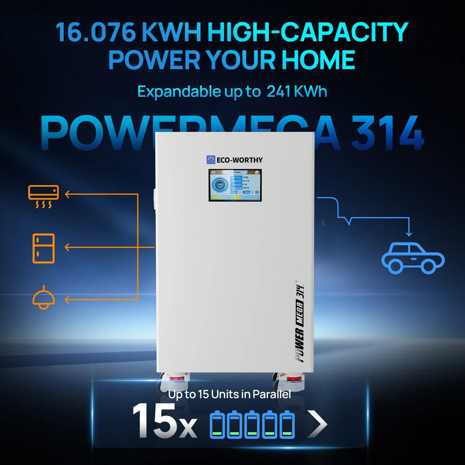 Eco-Worthy PowerMega 314 | 51.2V 314AH Lithium Battery 16kWh | Bluetooth & WiFi | Active Balance - Image 3