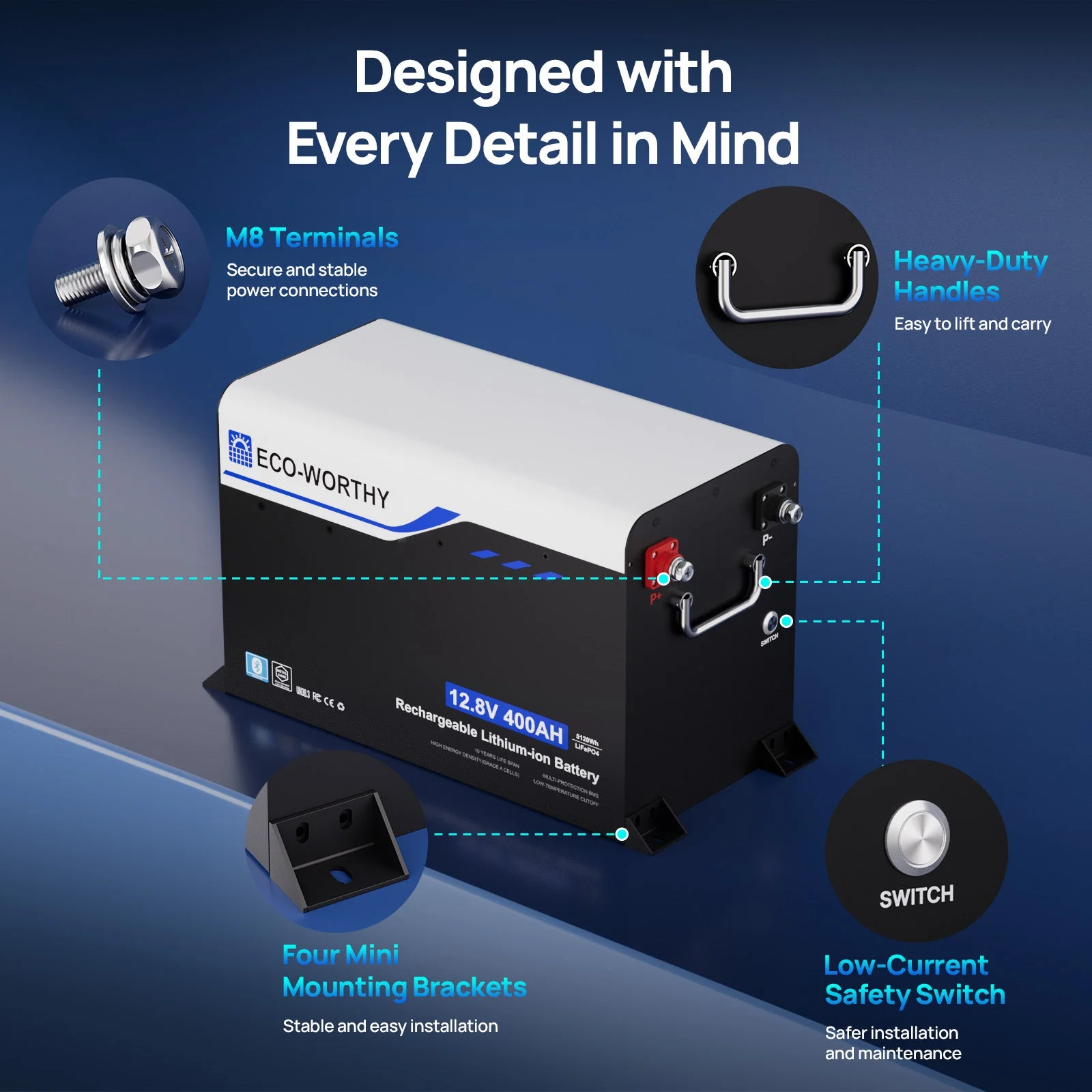 Eco-worthy 12V 400AH Metal Case LiFePO4 Lithium Battery with Bluetooth and Low-Temp Protection - Image 8