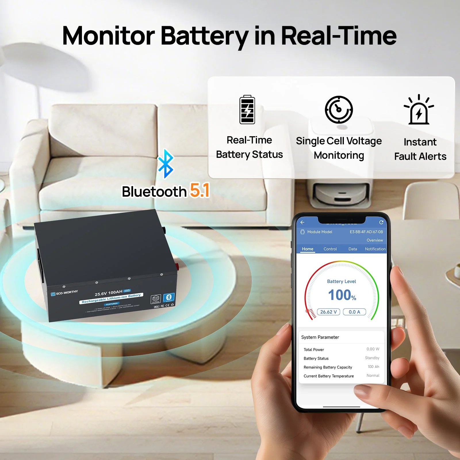 ECO-WORTHY 24V 100Ah Metal Case LiFePO4 Lithium Battery Bluetooth Low-Temp Protection - Image 6